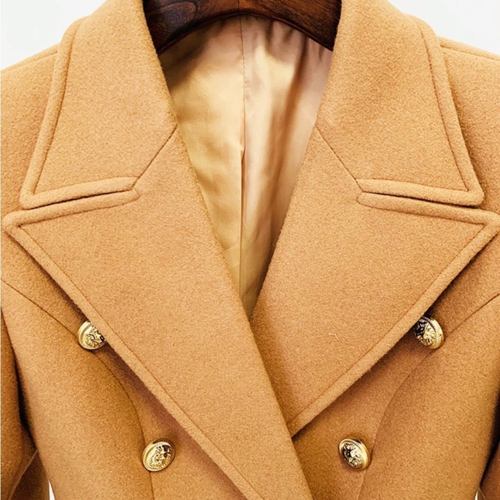 Wool Blend Camel Double-Breasted Pea Coat - Picture 2 of 16